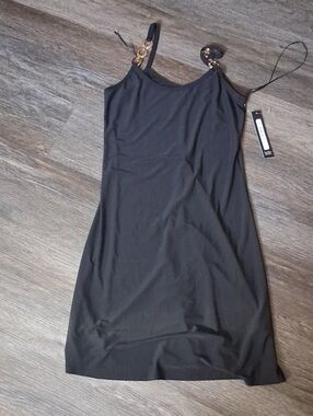 Black Mini Slip Dress with Gold Chain Straps